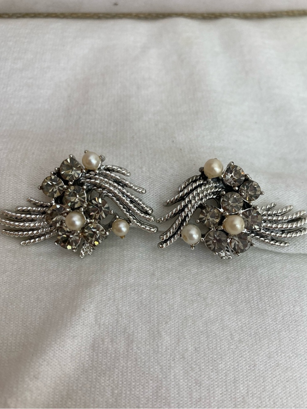 Coro Signed Clip on Earrings with Faux Pearls and Grayish Rhinestones Flowers
